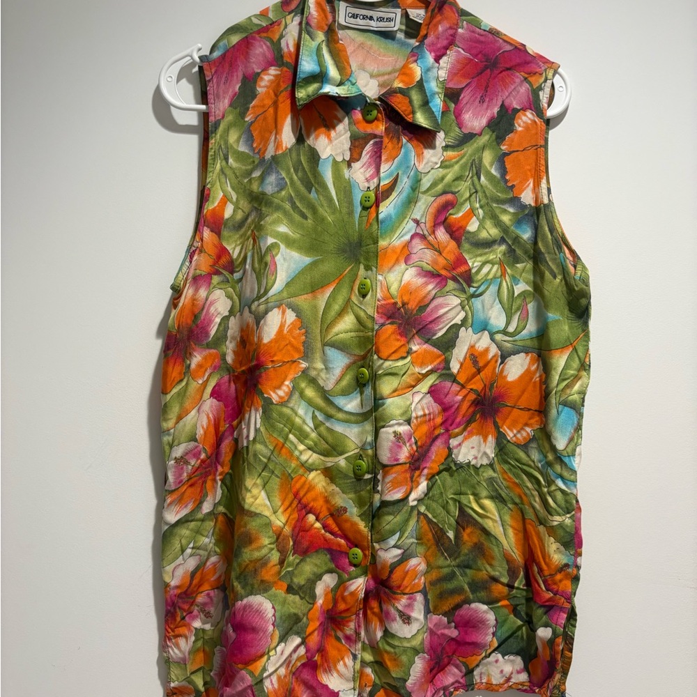 Vintage Tropical Floral Button-Up Sleeveless Top - Green, Orange, Pink - Picture 1 of 3